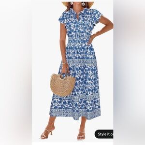 Grace Karin White and Blue Floral Maxi Dress Women L Boho Beach Wedding Guests